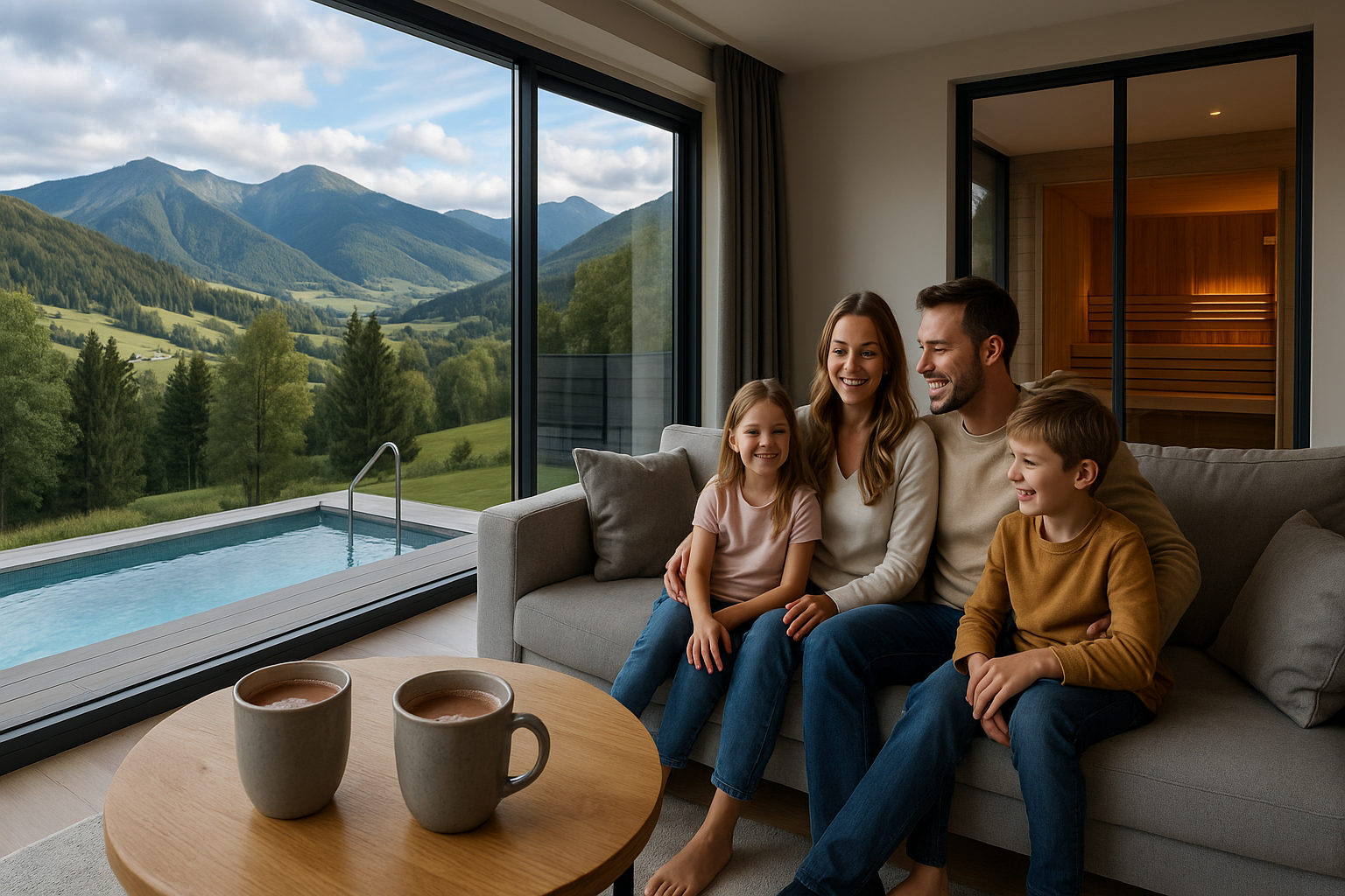 Rodzina odpoczywa w apartamencie w Kotlinie Kłodzkiej z widokiem na góry